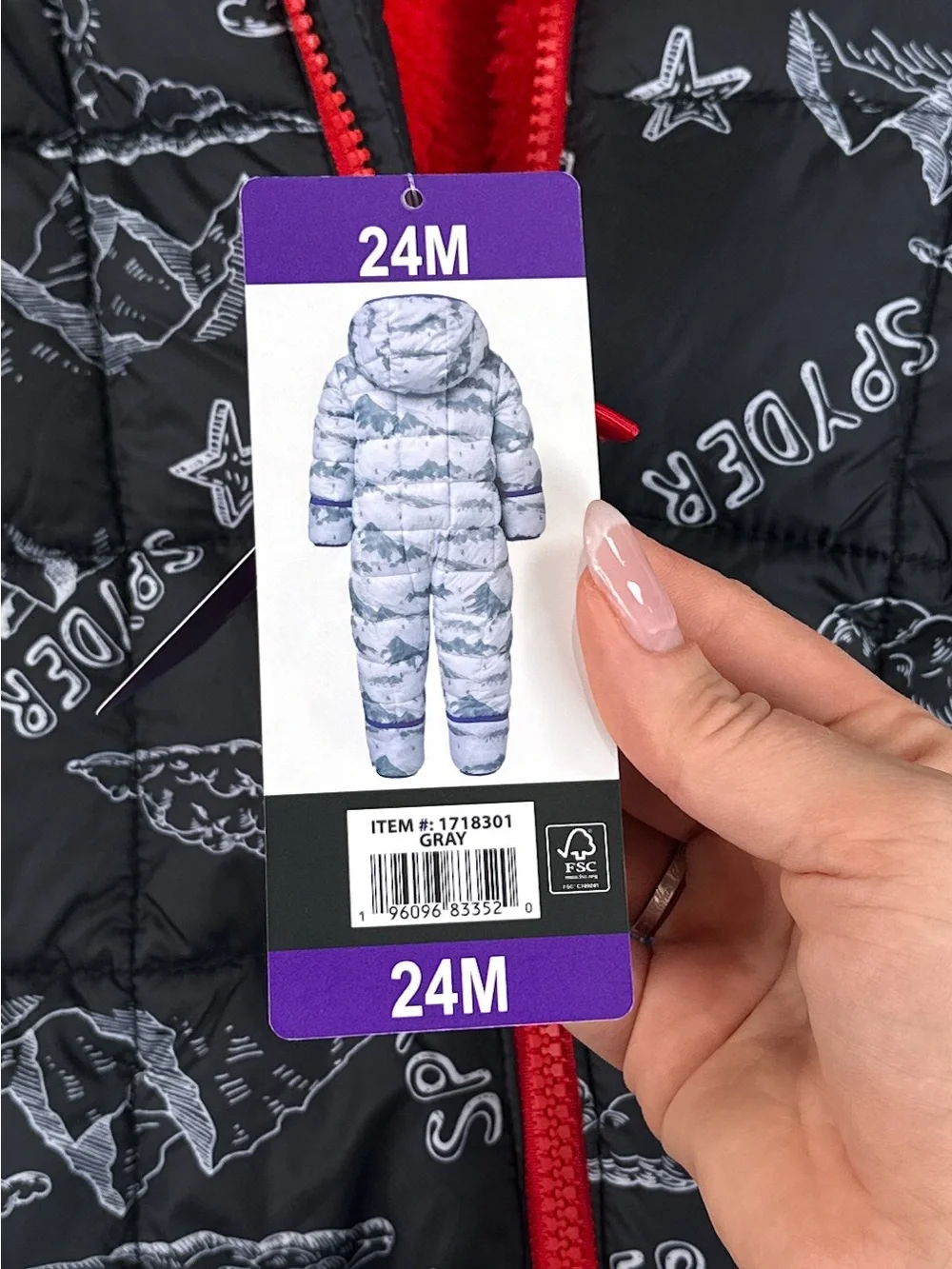 Spyder Snowsuit Bunting Hooded Sherpa Lined Doodle Print Black Red 24M